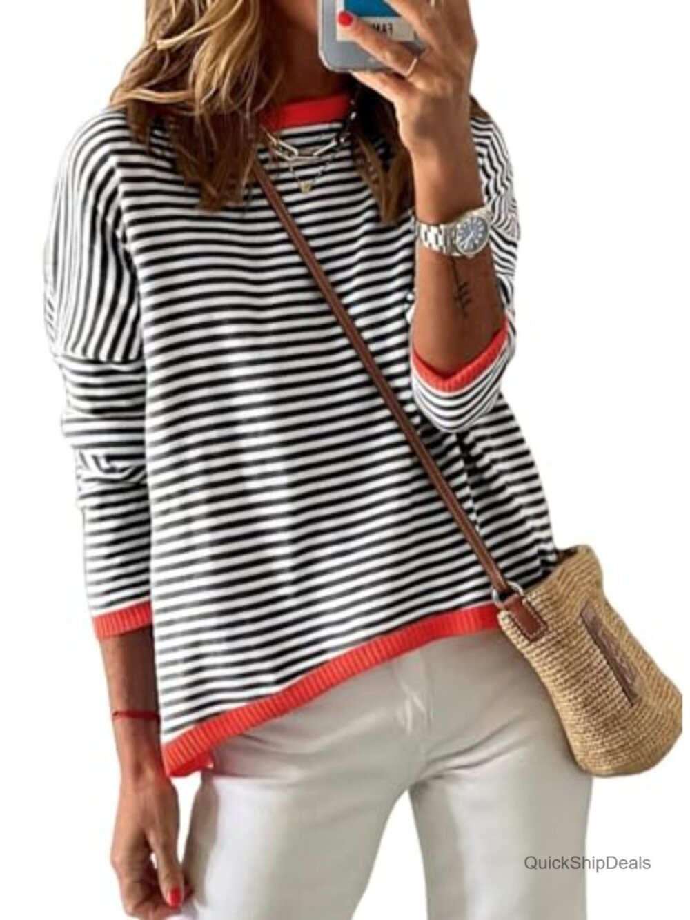 Women's Cotton Crewneck High Low Pullover Sweater Striped Long Sleeve